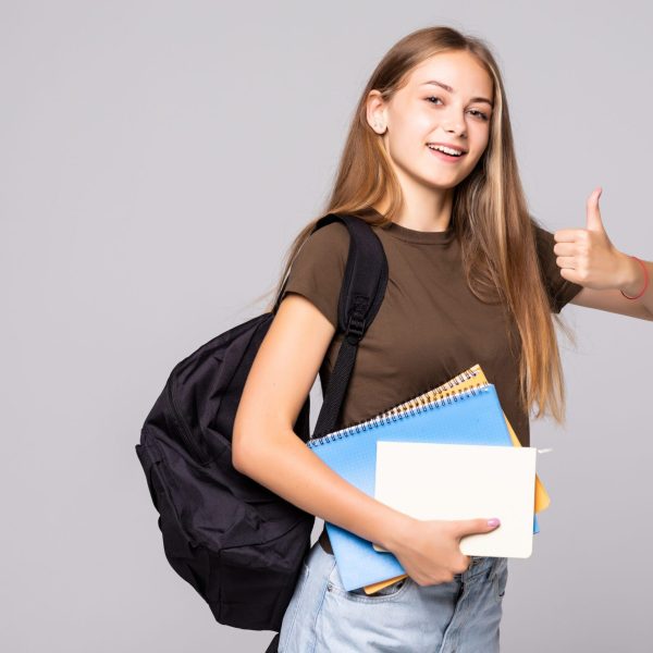 Young student woman with backpack bag holding hand with thumb up gesture, isolated over white background Talleres Online